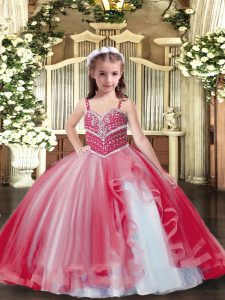 Beading Kids Pageant Dress Red Lace Up Sleeveless Floor Length