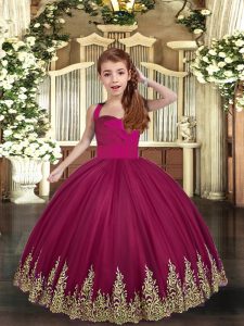 Straps Sleeveless Girls Pageant Dresses Floor Length Embroidery Burgundy Tulle