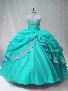 Organza Sweetheart Sleeveless Lace Up Beading and Appliques Sweet 16 Quinceanera Dress in Aqua Blue