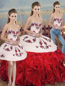 Embroidery and Ruffles and Bowknot Quinceanera Gown White And Red Lace Up Sleeveless Floor Length