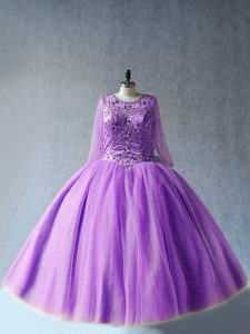 Stunning Lavender Tulle Lace Up Sweet 16 Dress Long Sleeves Floor Length Beading