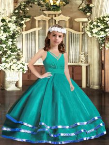 Sleeveless Tulle Floor Length Zipper Little Girl Pageant Dress in Turquoise with Ruffled Layers
