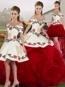 Sexy Off The Shoulder Sleeveless Tulle Quince Ball Gowns Embroidery and Ruffles Lace Up