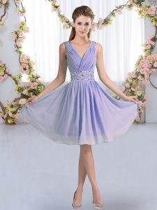 Lavender Zipper V-neck Beading Court Dresses for Sweet 16 Chiffon Sleeveless