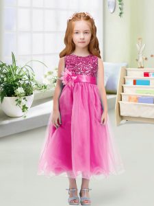 Charming Rose Pink Empire Sequins and Hand Made Flower Little Girls Pageant Gowns Zipper Organza Sleeveless Tea Length