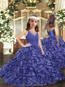 V-neck Sleeveless Little Girls Pageant Gowns Floor Length Ruffles Lavender Organza