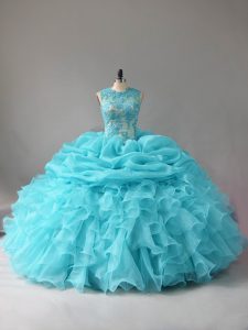 Customized Aqua Blue Sleeveless Floor Length Appliques and Ruffles and Pick Ups Zipper Sweet 16 Dress