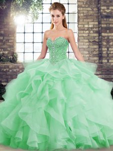 Affordable Sleeveless Beading and Ruffles Lace Up Quince Ball Gowns with Green Brush Train