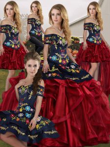 Affordable Red And Black Ball Gowns Embroidery and Ruffles Vestidos de Quinceanera Lace Up Organza Sleeveless Floor Length