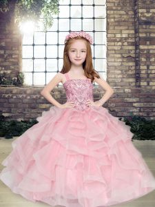Pink Ball Gowns Straps Sleeveless Tulle Floor Length Lace Up Beading and Ruffles Little Girl Pageant Dress