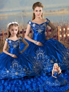 Stunning Ball Gowns Quinceanera Gown Royal Blue Off The Shoulder Satin and Organza Sleeveless Floor Length Lace Up