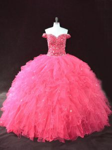 Simple Hot Pink Lace Up Off The Shoulder Beading and Ruffles Sweet 16 Dresses Tulle Sleeveless
