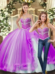 Lilac Ball Gowns Tulle Sweetheart Sleeveless Beading Floor Length Lace Up Sweet 16 Dress