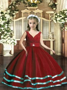 Great Floor Length Wine Red Little Girls Pageant Dress Organza Sleeveless Beading and Ruching