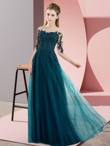 Top Selling Half Sleeves Chiffon Floor Length Lace Up Damas Dress in Peacock Green with Beading and Lace