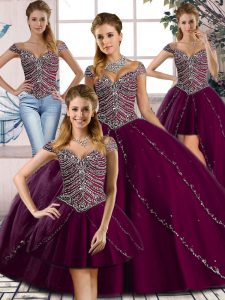 Graceful Purple Ball Gowns Tulle Sweetheart Cap Sleeves Beading Lace Up Quince Ball Gowns Brush Train