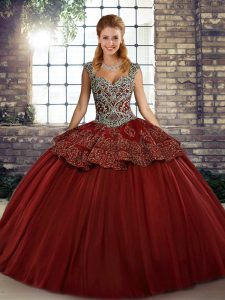 Fabulous Floor Length Wine Red Quinceanera Gown Straps Sleeveless Lace Up