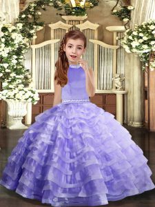 Ball Gowns Kids Pageant Dress Lavender Halter Top Organza Sleeveless Floor Length Backless