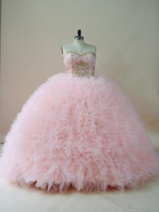 Baby Pink Lace Up Sweetheart Beading and Ruffles Quinceanera Dresses Tulle Sleeveless Brush Train