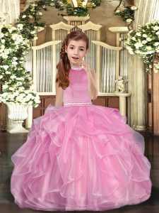 Halter Top Sleeveless Organza Girls Pageant Dresses Beading and Ruffles Lace Up