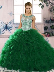 Scoop Sleeveless Lace Up Sweet 16 Dresses Dark Green Organza