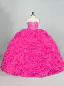 Classical Hot Pink Ball Gowns Organza Sweetheart Sleeveless Beading and Ruffles Lace Up 15 Quinceanera Dress Brush Train