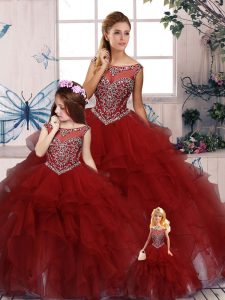 Wonderful Burgundy Organza Zipper 15 Quinceanera Dress Sleeveless Floor Length Beading and Ruffles