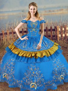 Customized Blue Ball Gowns Off The Shoulder Sleeveless Satin Floor Length Lace Up Embroidery Sweet 16 Dresses