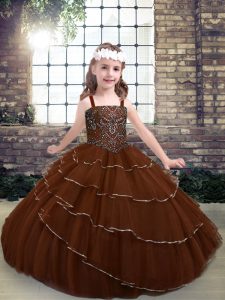 Brown Straps Neckline Beading and Ruffled Layers Child Pageant Dress Sleeveless Lace Up