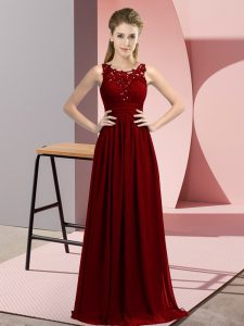 Unique Scoop Sleeveless Quinceanera Court Dresses Floor Length Beading and Appliques Burgundy Chiffon