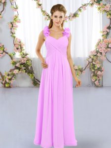 Lilac Sleeveless Floor Length Hand Made Flower Lace Up Dama Dress for Quinceanera