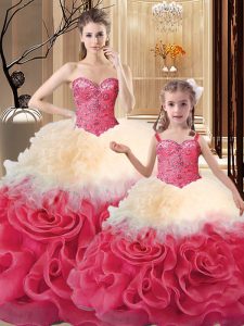 Multi-color Ball Gowns Sweetheart Sleeveless Fabric With Rolling Flowers Floor Length Lace Up Beading and Ruffles Quinceanera Gowns