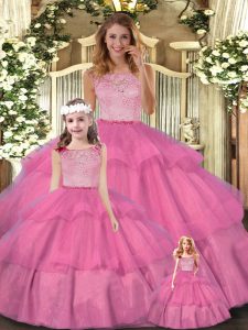 Sweet Hot Pink Sweet 16 Dresses Military Ball and Sweet 16 and Quinceanera with Lace and Ruffled Layers Scoop Sleeveless Zipper