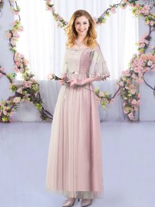 Sexy Pink Empire Lace and Belt Court Dresses for Sweet 16 Side Zipper Tulle Half Sleeves Floor Length