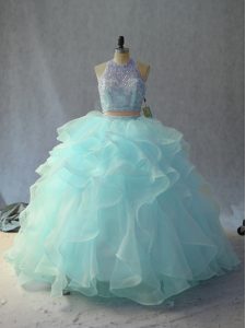Latest Sleeveless Floor Length Backless Sweet 16 Dress in Light Blue with Beading and Ruffles