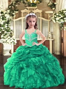 Green Organza Lace Up Pageant Gowns For Girls Sleeveless Floor Length Beading and Ruffles