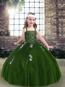 Fancy Floor Length Green Pageant Gowns For Girls Tulle Sleeveless Appliques