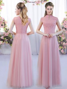 Floor Length Empire Cap Sleeves Pink Quinceanera Court of Honor Dress Zipper