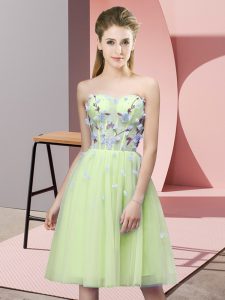 Captivating Empire Vestidos de Damas Yellow Green Sweetheart Tulle Sleeveless Knee Length Lace Up