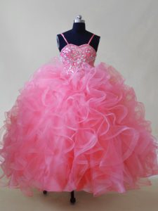 Beading and Ruffles Little Girls Pageant Dress Pink Lace Up Sleeveless Floor Length