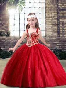 Unique Red Ball Gowns Beading Kids Pageant Dress Lace Up Tulle Sleeveless Floor Length