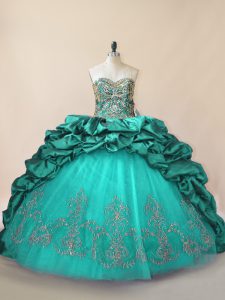 Excellent Turquoise 15 Quinceanera Dress Taffeta Brush Train Sleeveless Beading and Pick Ups