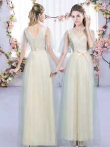 V-neck Sleeveless Court Dresses for Sweet 16 Floor Length Lace and Bowknot Champagne Tulle
