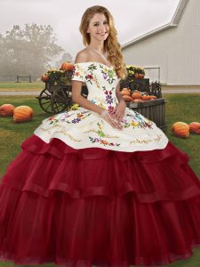 Pretty Wine Red Sleeveless Tulle Brush Train Lace Up Quince Ball Gowns for Military Ball and Sweet 16 and Quinceanera