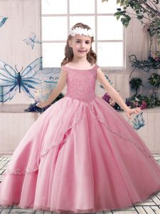 Off The Shoulder Sleeveless Lace Up Child Pageant Dress Rose Pink Tulle