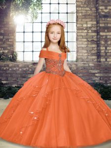 Exquisite Orange Sleeveless Floor Length Beading Lace Up Little Girl Pageant Dress