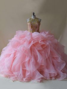 Gorgeous Baby Pink Scoop Neckline Beading and Ruffles Quinceanera Dress Sleeveless Backless