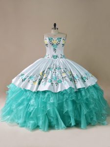 Delicate Floor Length Lace Up Quinceanera Dresses Blue And White for Sweet 16 and Quinceanera with Embroidery and Ruffles