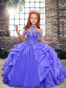 Fashion Halter Top Sleeveless Lace Up Girls Pageant Dresses Blue Organza