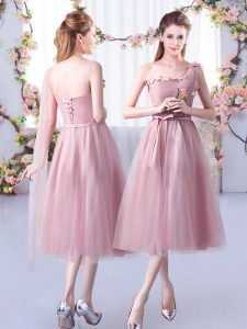 Sexy Tea Length Pink Quinceanera Court of Honor Dress Tulle Sleeveless Appliques and Belt